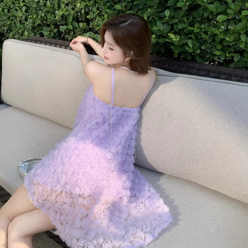Fashion Purple 3D Flowers Tulle Design A-line Halter Homecoming Dress TP3707