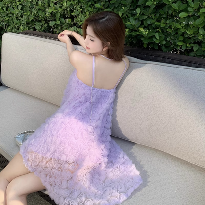 Fashion Purple 3D Flowers Tulle Design A-line Halter Homecoming Dress TP3707