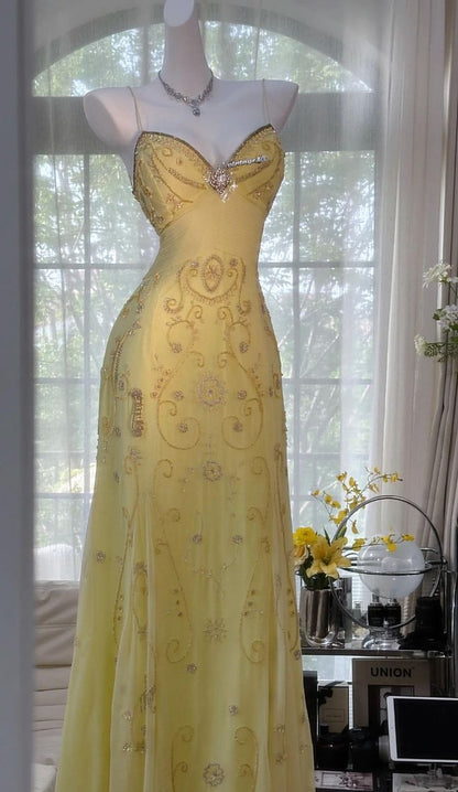 Gorgeous Yellow Spaghetti Strap A Line Chiffon Beaded Long Prom Dress SH2901