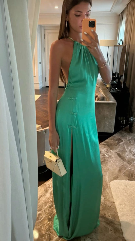 Green simple elegant fashion suspenders long satin slit sexy ball gown evening dress gh3366