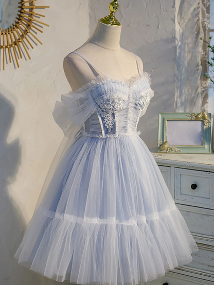 Vintage Light Blue Applique Sweetheart Spaghetti Strap Design A-line Tulle Party Dress Homecoming Dress TP4070