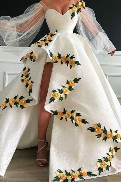 White yellow three-dimensional flower heart-shaped neckline long ball gown evening dress wedding dress gh993