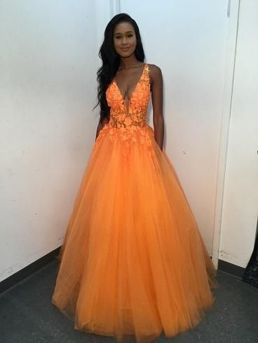 Vestido de noche largo de tul naranja con encaje y corte A TP86