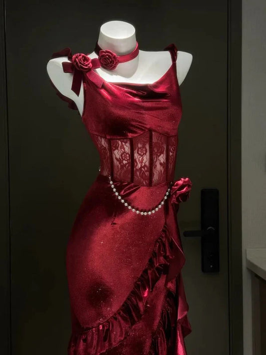 shopuniqlos--Burgundy Sexy Bodycon Halter Multi-layered Satin Slit Prom Dress Party Dress gh5450