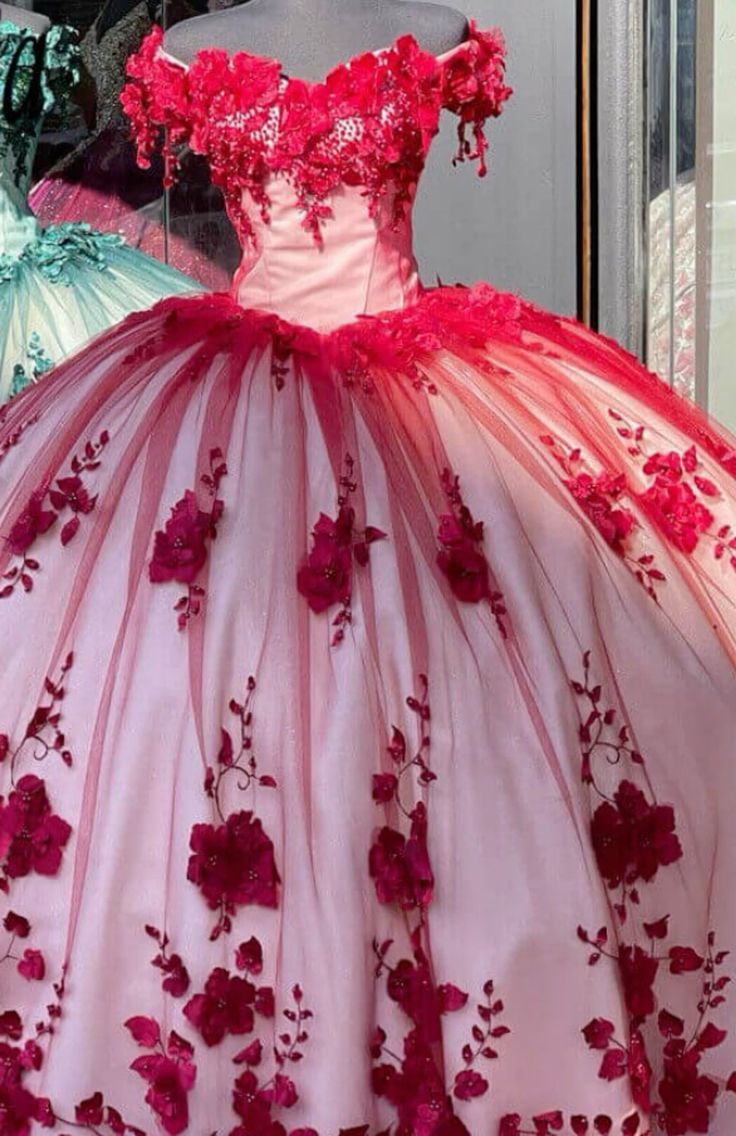 Red gorgeous exquisite sweet floral applique long tulle ball gown evening gown wedding dress gh3345
