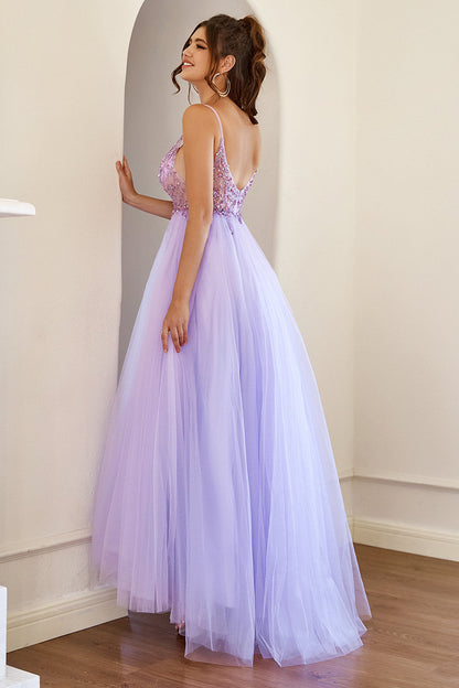 A-Line Lilac Tulle Long Prom Dress With Beading,WP421