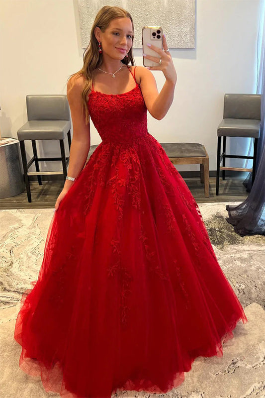 A-Line Scoop Neck Prom Dresses Lace Appliques Evening Dress,WQ101