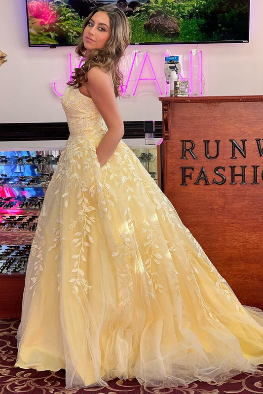 A-Line Scoop Neckline Yellow Tulle Long Prom Dress Formal Dress,WP419