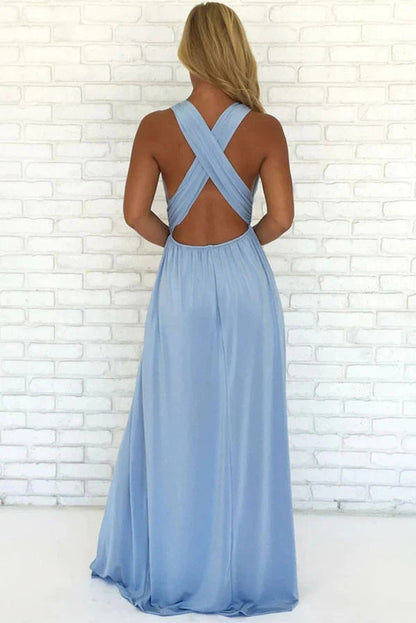 A-Line Sky Blue Chiffon Long Prom Dress With Slit WP439
