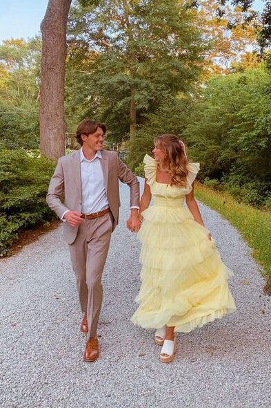 A-Line Square Yellow Tiered Long Prom Dress, Princess Tulle Formal Dress GP569
