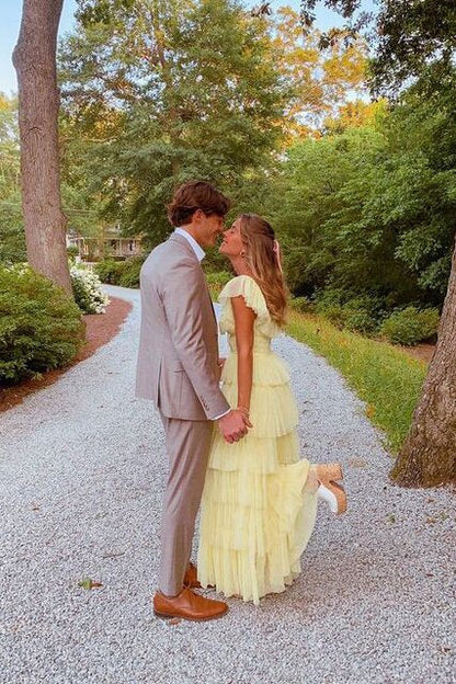 A-Line Square Yellow Tiered Long Prom Dress, Princess Tulle Formal Dress GP569