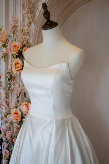 A-Line Strapless Lace Up Back Chapel Train White Satin Wedding Dress