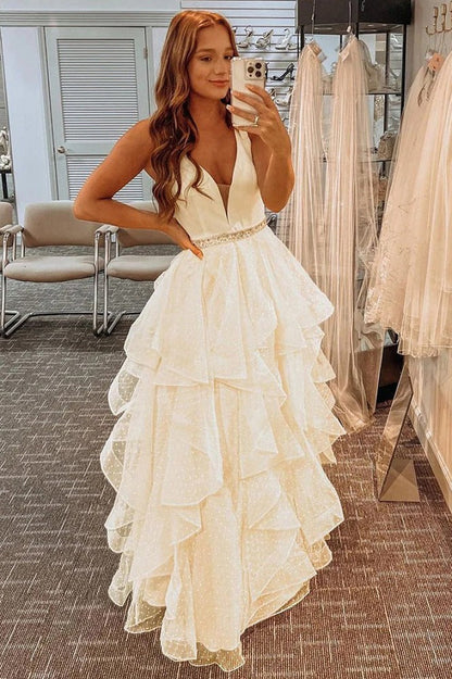 A-Line Tiered Ruffles Yellow Polka Dots Tulle Prom Dresses, Princess Formal Gown GP417