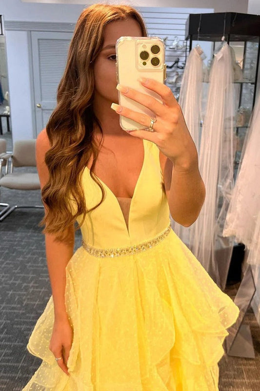 A-Line Tiered Ruffles Yellow Polka Dots Tulle Prom Dresses, Princess Formal Gown GP417