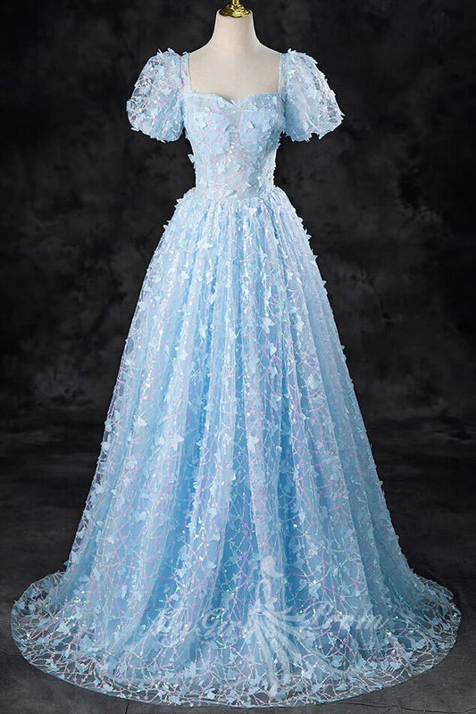A-Line Tulle Sequin Lace Sky Blue Long Prom Dress, Short Sleeves Formal Dress GP708