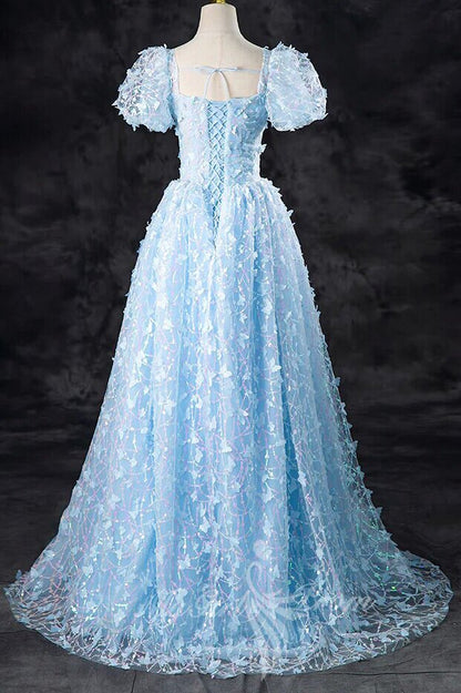 A-Line Tulle Sequin Lace Sky Blue Long Prom Dress, Short Sleeves Formal Dress GP708