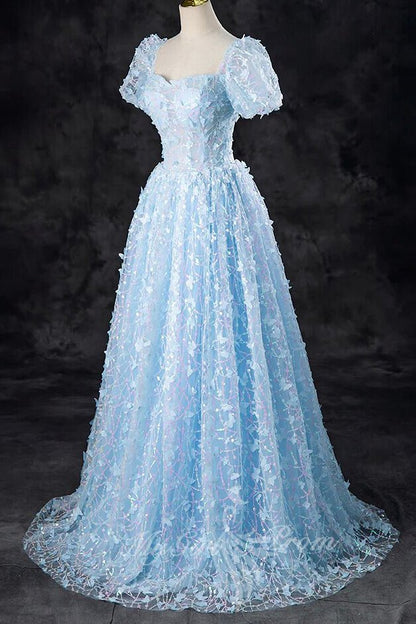 A-Line Tulle Sequin Lace Sky Blue Long Prom Dress, Short Sleeves Formal Dress GP708