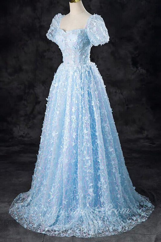 A-Line Tulle Sequin Lace Sky Blue Long Prom Dress, Short Sleeves Formal Dress GP708