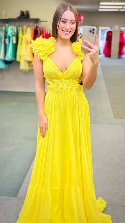 A-Line Orange Prom Dresses With Ruffle Cap Sleeves, V-Neck Senior Prom Dress,AST1647