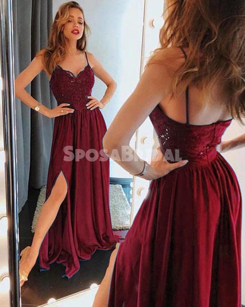 Vestidos de fiesta largos, económicos, con corte en A, de encaje, con tirantes finos y abertura lateral, color burdeos
