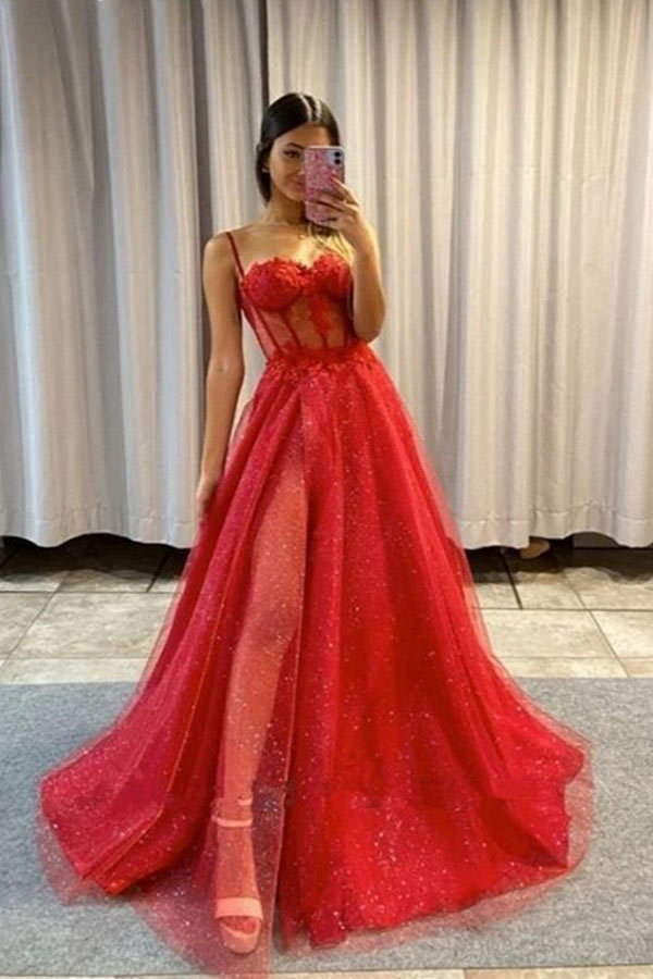 A-line Sweetheart Black Tulle Long Prom Dress With Slit,WP388