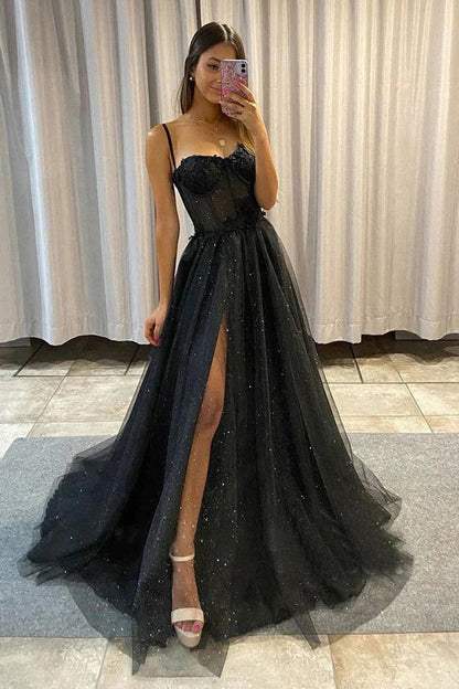 A-line Sweetheart Black Tulle Long Prom Dress With Slit,WP388