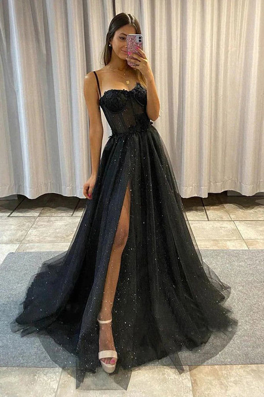 A-line Sweetheart Black Tulle Long Prom Dress With Slit,WP388