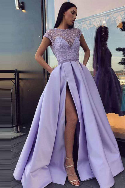 A-line Cap Sleeve Satin Prom Dress Beaded Slit Evening Dress,WP095