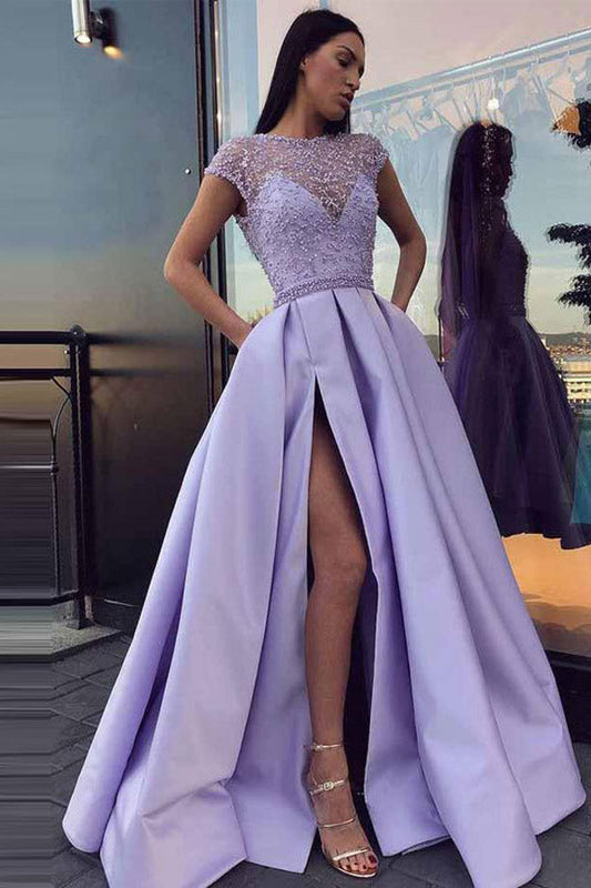 A-line Cap Sleeve Satin Prom Dress Beaded Slit Evening Dress,WP095