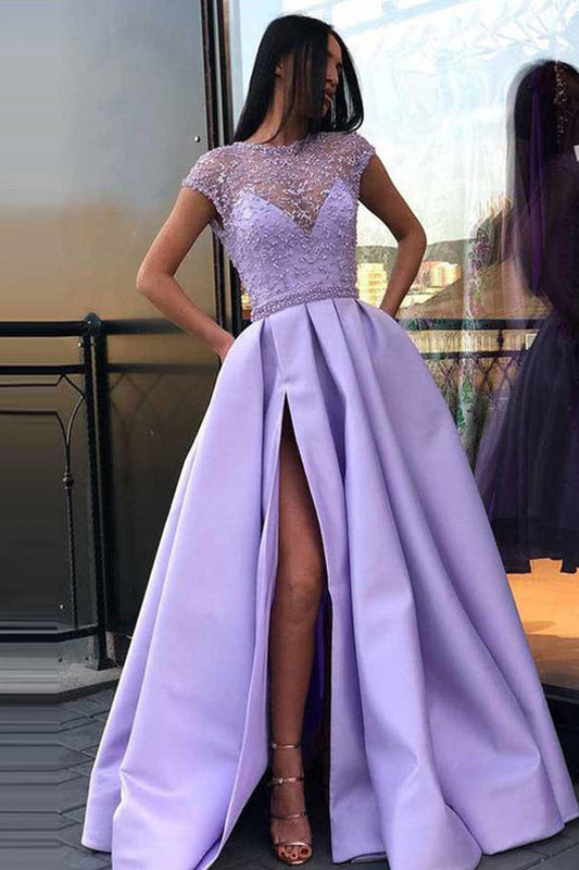 A-line Cap Sleeve Satin Prom Dress Beaded Slit Evening Dress,WP095