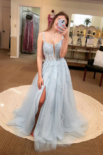 A-line Pink Lace Appliques Prom Dresses, Shiny Slit Long Graduation Gown GP641
