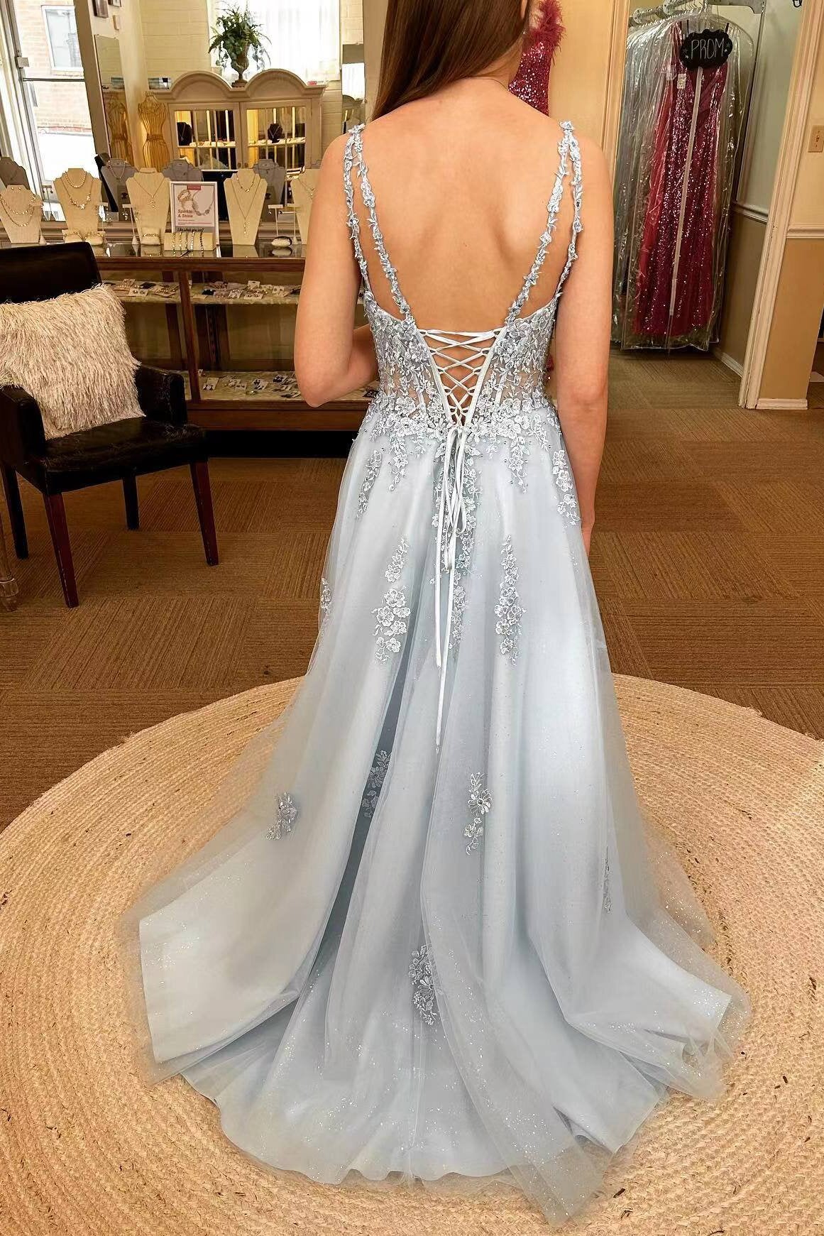 A-line Pink Lace Appliques Prom Dresses, Shiny Slit Long Graduation Gown GP641