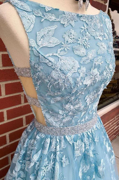 A-line Sky Blue Prom Dress Long Sleeveless Graduation Gown GP139