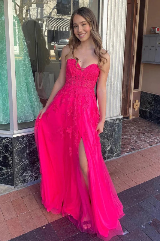 A-line Hot Pink Sweetheart Lace Appliques Tulle Long Prom Dresses GP633