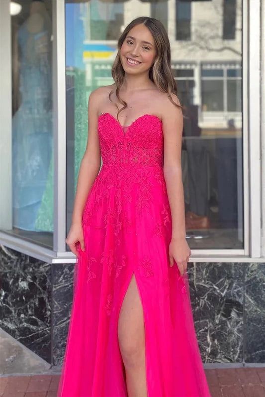 A-line Hot Pink Sweetheart Lace Appliques Tulle Long Prom Dresses GP633
