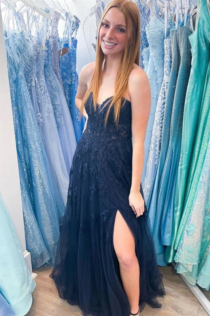 A-line Hot Pink Sweetheart Lace Appliques Tulle Long Prom Dresses GP633
