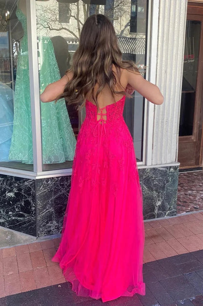 A-line Hot Pink Sweetheart Lace Appliques Tulle Long Prom Dresses GP633
