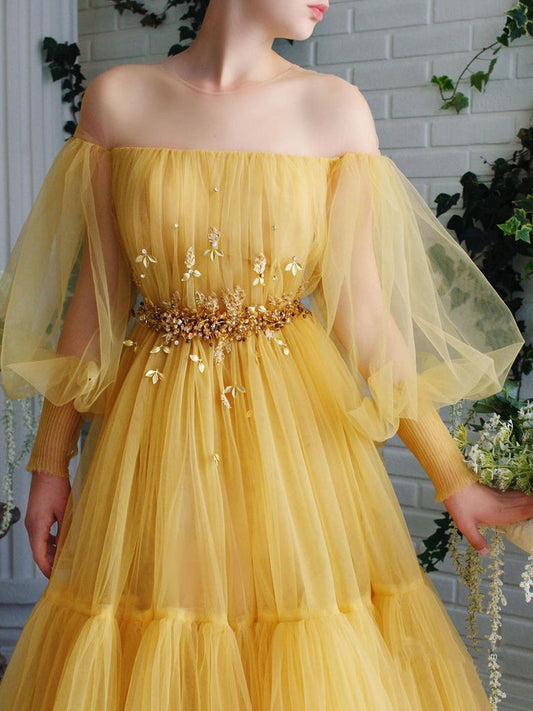 A-Line Puffy Long Sleeves Tulle Beaded Prom Dresses Pleat Evening Dress WP364