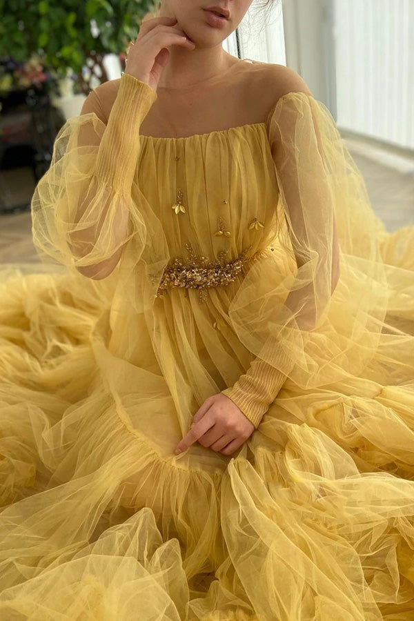 A-Line Puffy Long Sleeves Tulle Beaded Prom Dresses Pleat Evening Dress WP364
