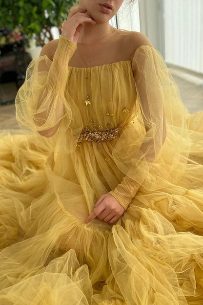 A-Line Puffy Long Sleeves Tulle Beaded Prom Dresses Pleat Evening Dress WP364