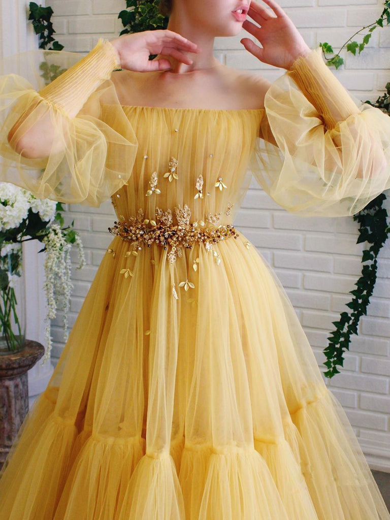 A-Line Puffy Long Sleeves Tulle Beaded Prom Dresses Pleat Evening Dress WP364