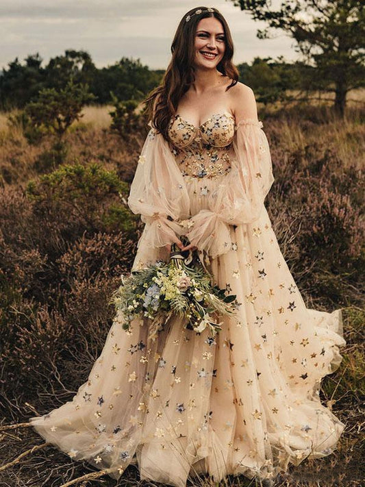 Vestido de fiesta campestre de corte A, nuevo y único, vestido de noche modesto de tul con mangas largas