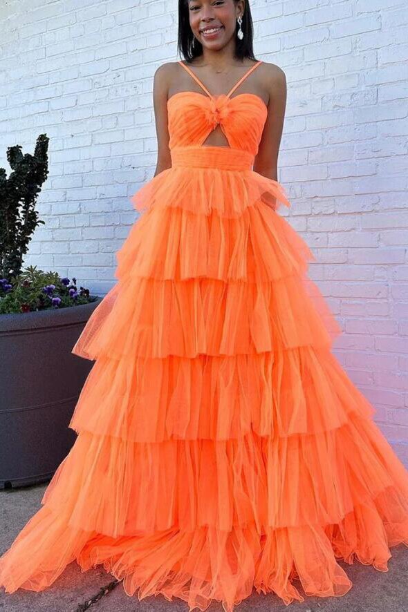 A-line Orange Flower Keyhole Tiered Tulle Prom Dresses, Backless Formal Gown GP637
