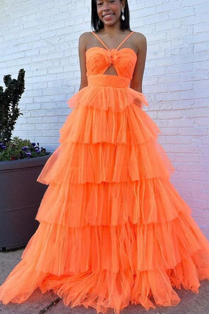 A-line Orange Flower Keyhole Tiered Tulle Prom Dresses, Backless Formal Gown GP637