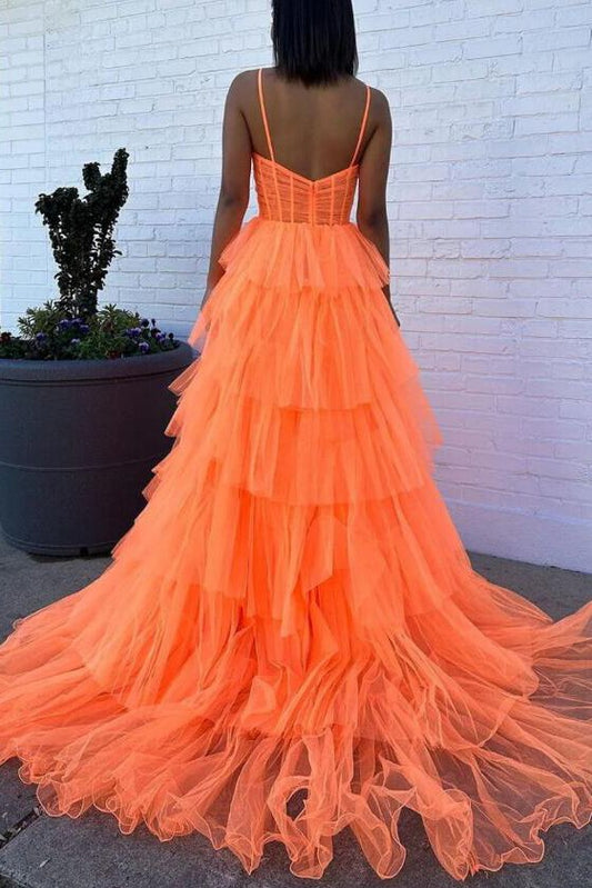 A-line Orange Flower Keyhole Tiered Tulle Prom Dresses, Backless Formal Gown GP637