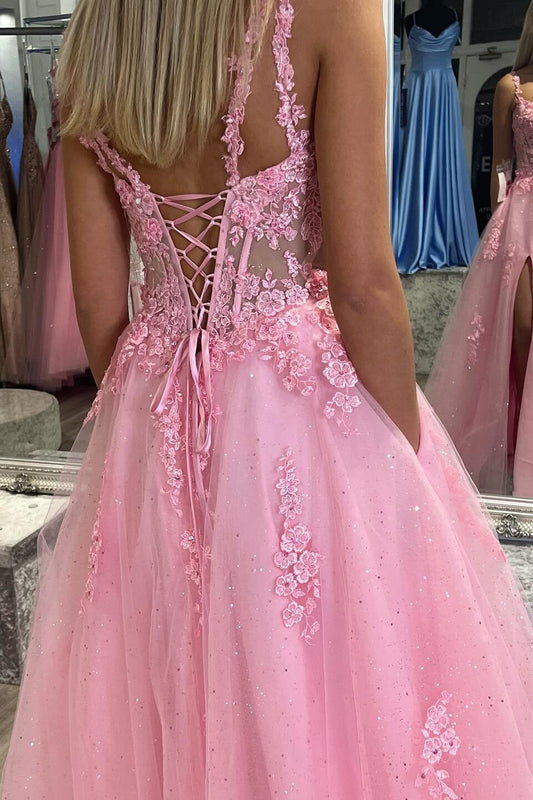 A-line Pink Lace Appliques Prom Dresses, Shiny Slit Long Graduation Gown GP641