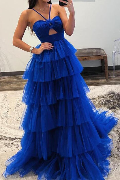 A-line Orange Flower Keyhole Tiered Tulle Prom Dresses, Backless Formal Gown GP637