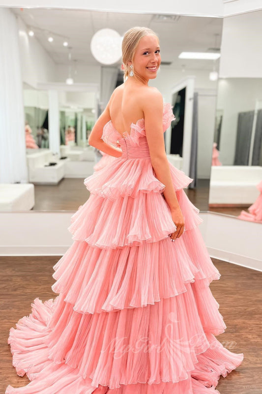 A-line Ruffles Black Tulle Long Prom Dresses, Layered Formal Gown GP518