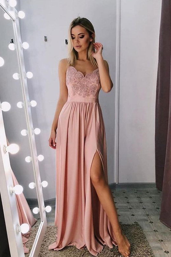 A-line Satin Straps Lace Appliqued Prom Dress With Slit,WP100