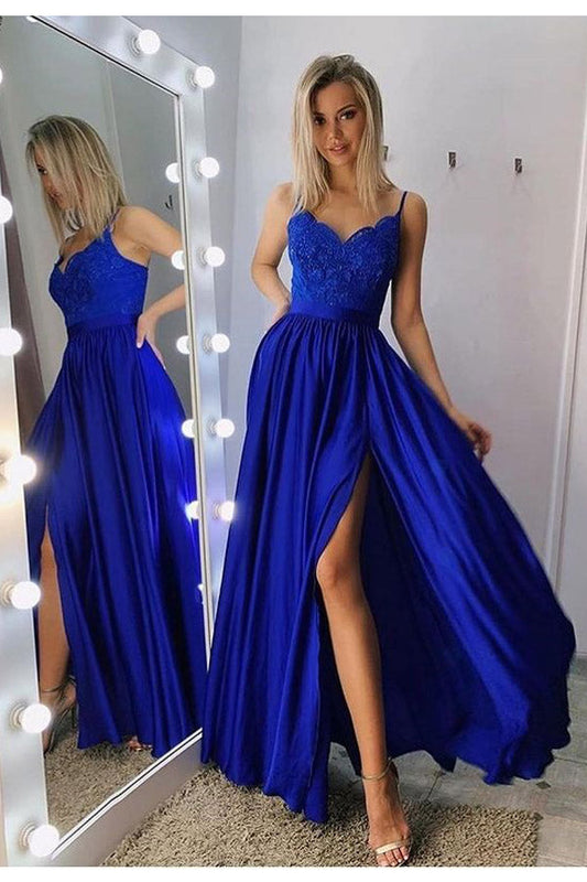 A-line Satin Straps Lace Appliqued Prom Dress With Slit,WP100